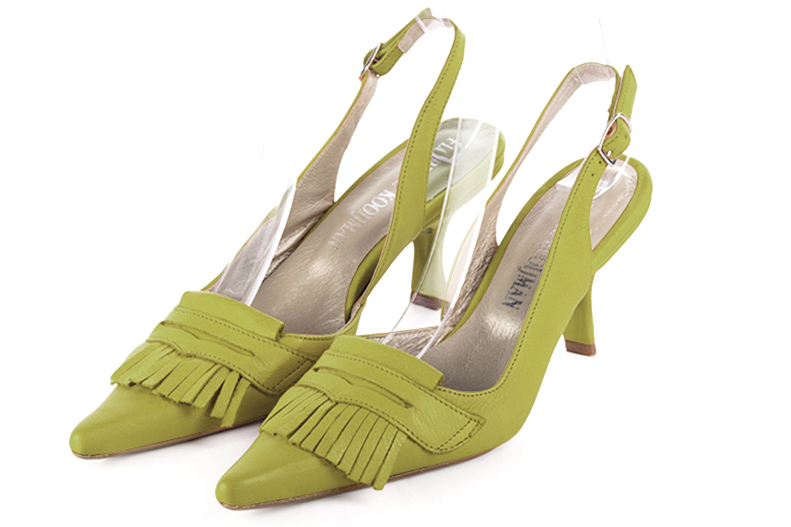 Pistachio green women's slingback shoes. Pointed toe. High spool heels. Front view - Florence KOOIJMAN